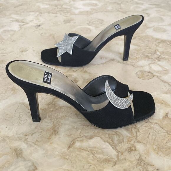 Stuart Weitzman Black Satin Heels Silver Rhinestone Moon & Star Mule Sandals - Picture 4 of 15
